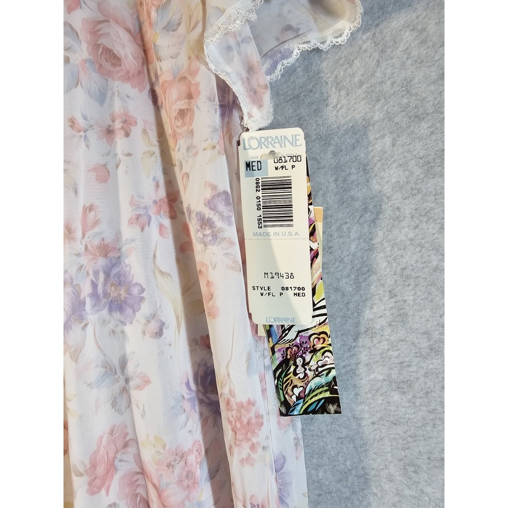 NWT Vintage LORRAINE Pink Lavendar Floral Nylon Lace Trim NIGHTGOWN Size Medium - Picture 4 of 6